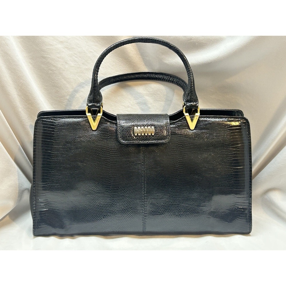 VTG Lizard Leather Reptile Skin Black Handbag Purse Frame 60s Gold Hardware
